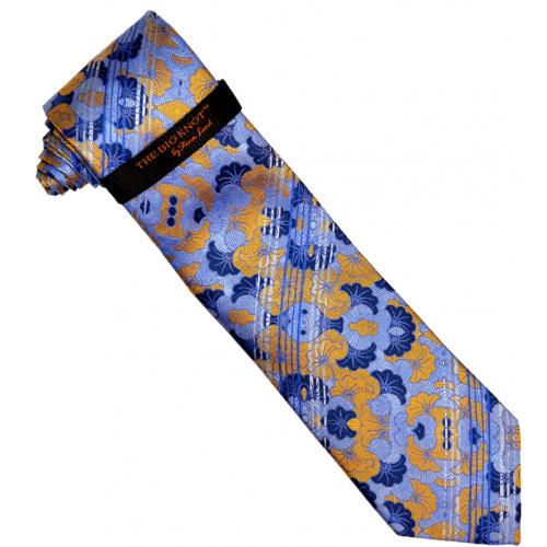 Steven Land "Big Knot" BW718 Blue Multi / Gold Striped Floral Design Silk Necktie / Hanky Set
